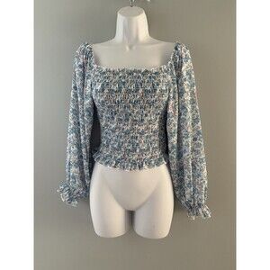 Pink Lily Milkmaid Top Size Small Blue Floral Coquette Smocked Ruffle Whimsy